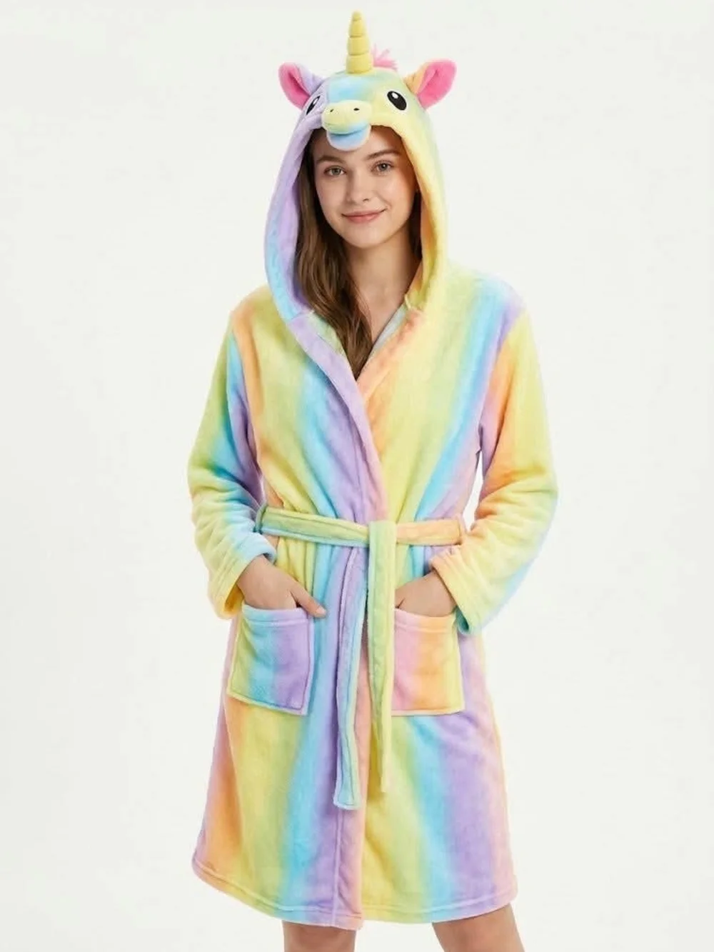 Girls Yung Hooded Fleece Robe Unicorn Rainbow Multicolor Tie Belt Long Sleeve S